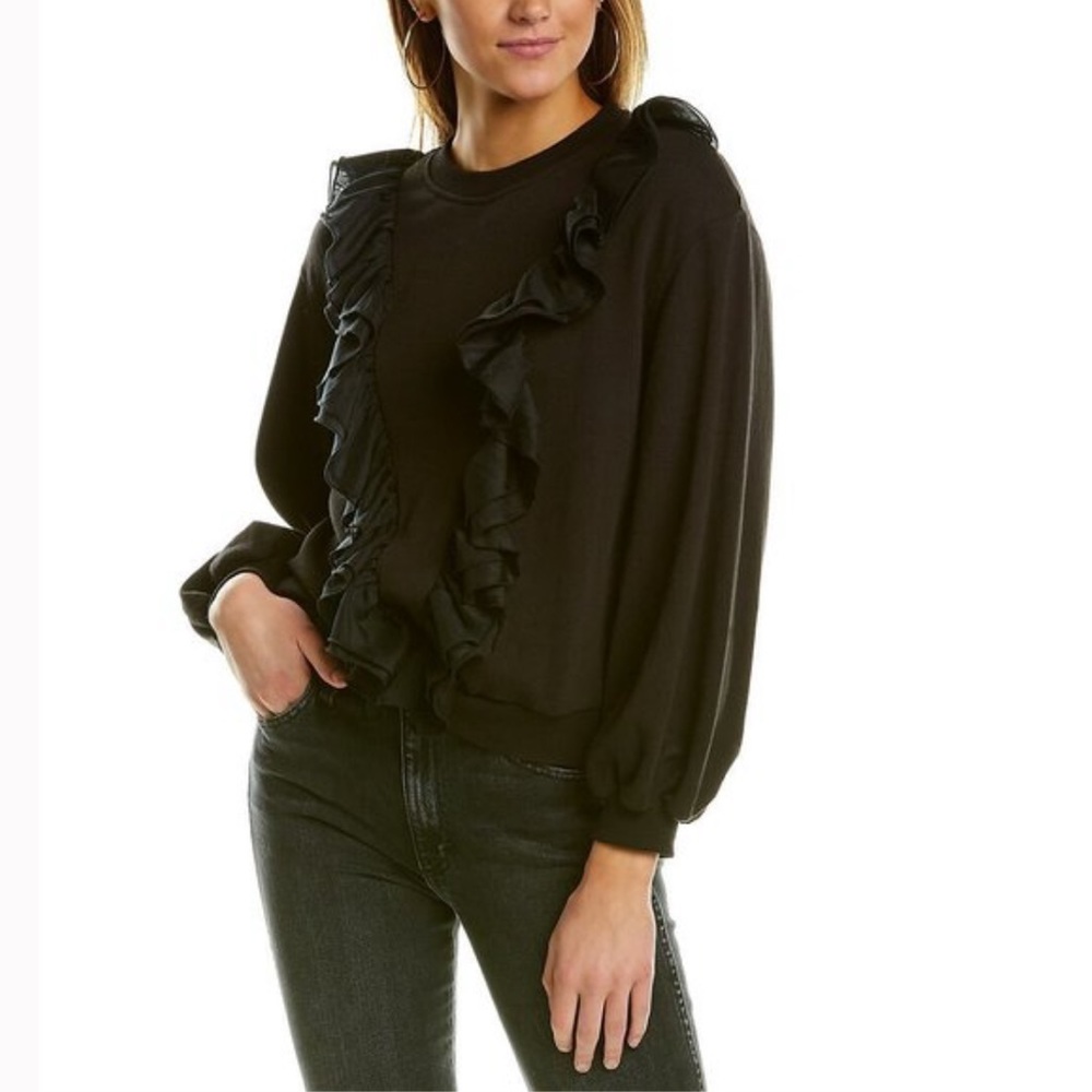 Alice + Olivia Carrie Ruffle Front Crew Neck Sweatshirt Black Size Small